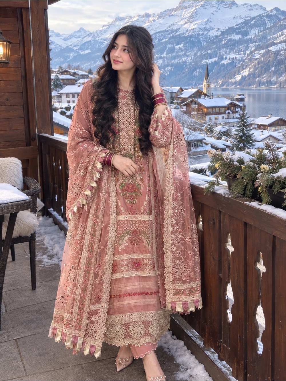 Embroidered Rosewood Pink Formal Women’s Dress with Lace Dupatta